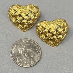 Heart Earrings Gold Tone Textured Woven Stud Dangle Drop Pierced Open Work NOS