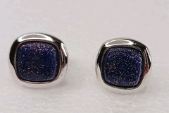 SHIELDS Cufflinks Tie Clasp Set Vintage Copper Sparkle Blue Glass Faux Lapis