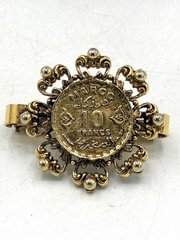 Moroccan 10 Francs Coin Scarf Clip Gold Tone Filigree Vintage Morocco