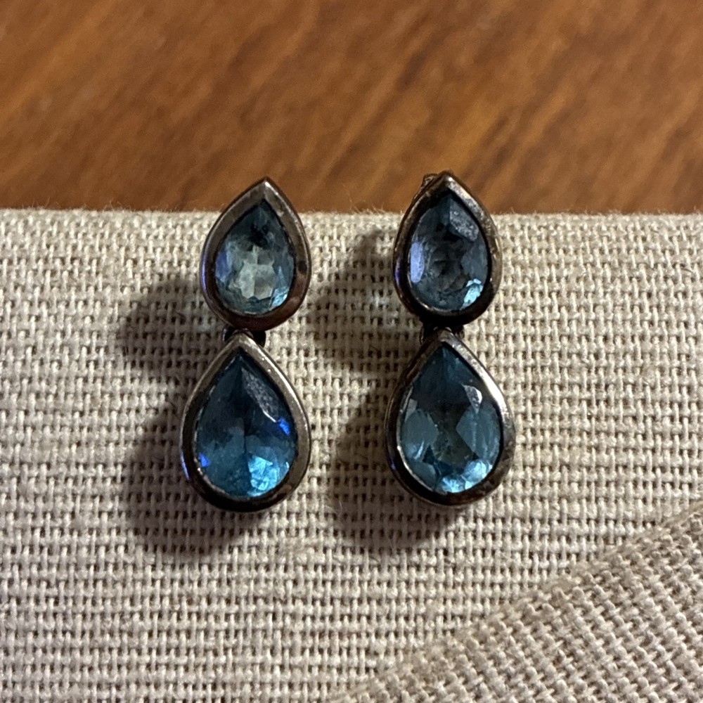 Vintage Double Tear Drop Dangle Blue Topaz Sterling Silver 925 Pierced Earrings