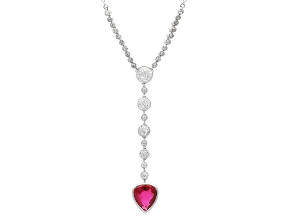 Antique 2.10Ct Pear Cut Ruby and 2.04Ct Diamond Platinum Pendant Circa 1915