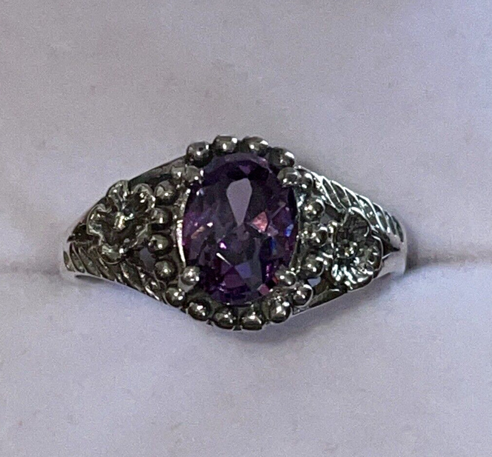 Oval Simulated Purple Amethyst & Sterling Silver Ring Flowers on Sides Size 8