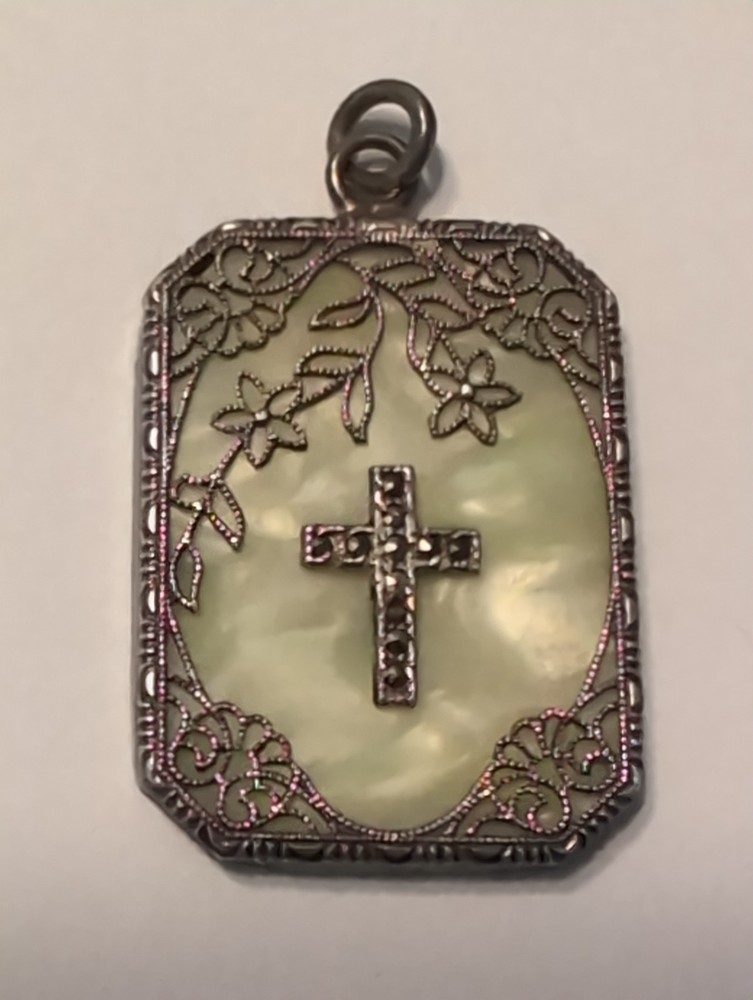 Antique Art Deco Sterling Filigree MOP Marcasite Cross Pendant