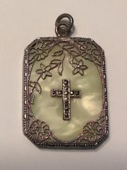 Antique Art Deco Sterling Filigree MOP Marcasite Cross Pendant