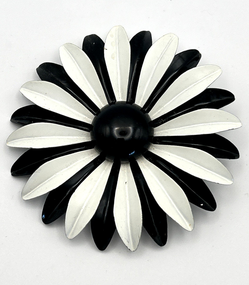Vintage Large Black and White Enamel Flower Metal Pin