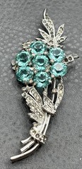 REJA Sterling Pave Rhinestone Unfoiled Faux Aquamarine Chatons Spray Flower Pin