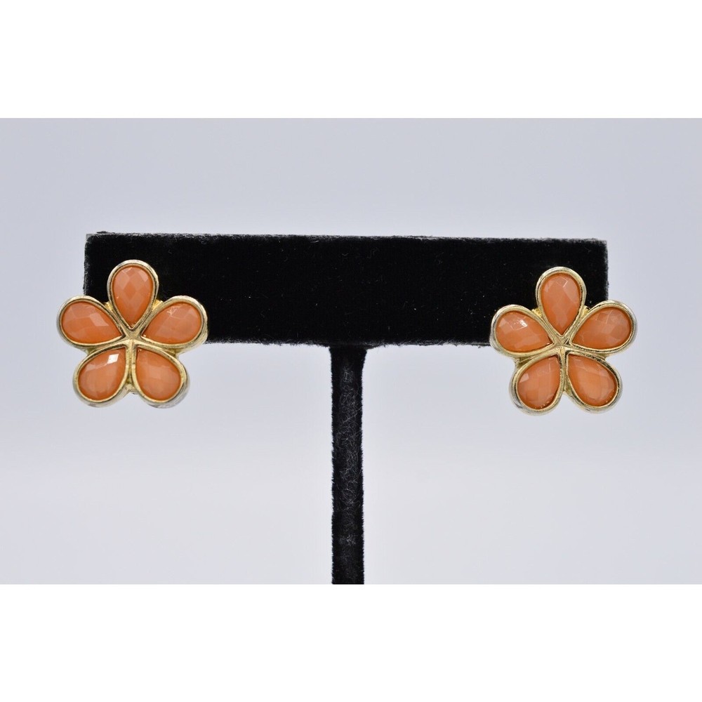 Liz Claiborne Vintage Flower Clip On Earrings Orange Crystal Signed 1980s BinZ