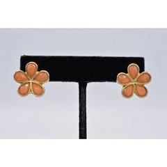Liz Claiborne Vintage Flower Clip On Earrings Orange Crystal Signed 1980s BinZ