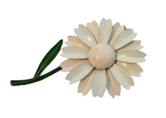 Brooch pin round daisy white and light pink 1-3/4″ diameter green stem