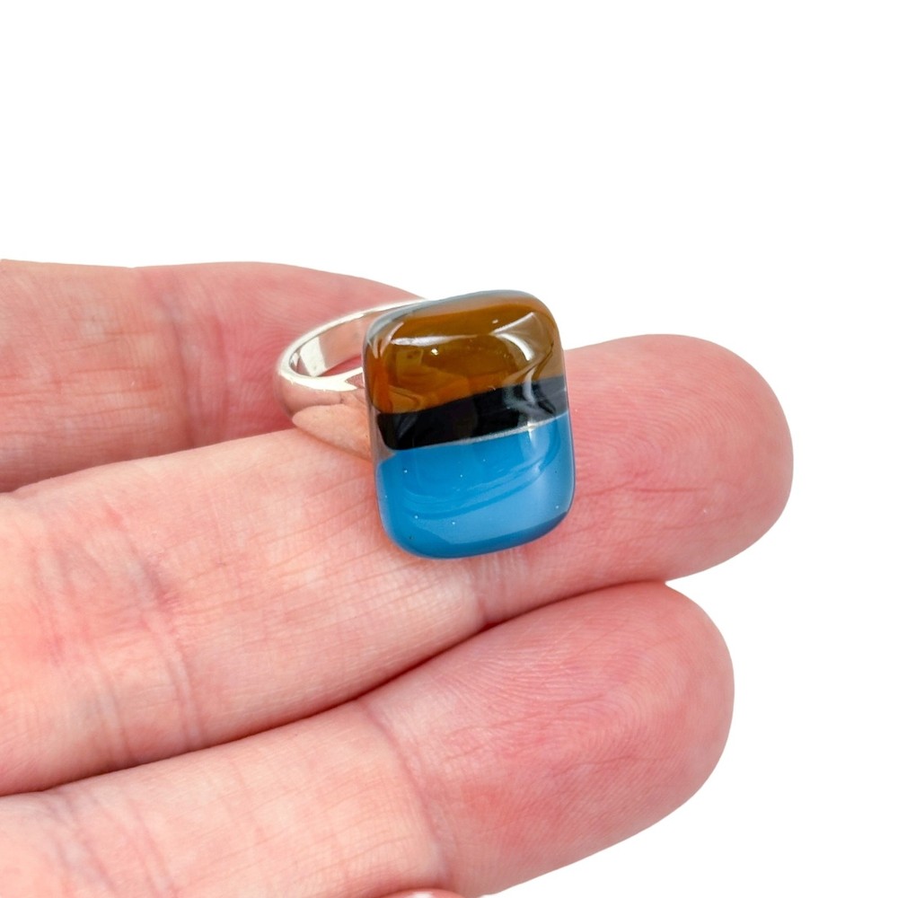 Vintage Ross Simons Sterling Silver 925 Blue Brown Black Fused Glass Ring Size 7