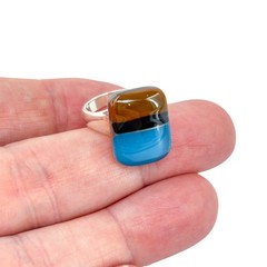 Vintage Ross Simons Sterling Silver 925 Blue Brown Black Fused Glass Ring Size 7