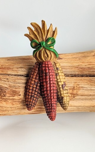 Autumn Fall Harvest Thanksgiving Resin 3½” Brooch Pin 3 EARS FLINT Calico CORN