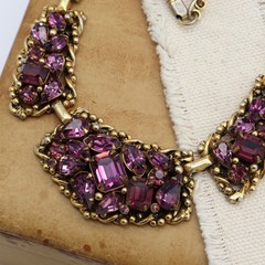 Vtg Barclay Purple Amethyst Rhinestone Gold Tone Necklace Choker Mesh Bib Signed