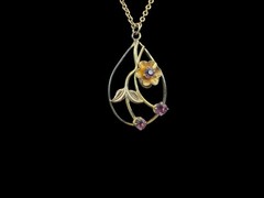 Automade 12k Gold Filled Floral Art Nouveau Pendant Vintage Steel Necklace
