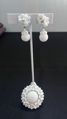 Vintage Miriam Haskell Milk Glass Flower Brooch & Earrings White Floral Dangles