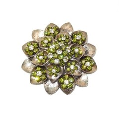 Vintage Floral Brooch / Green & Clear Rhinestones / Silver Tone / 2.25″ Diameter