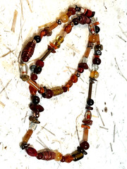 Vintage 25+” necklace, handmade Enameled beads, copper, coral, agate, jasper,Exc