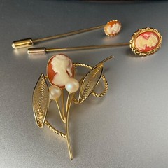 Cameo Lot Brooch & 2 Stick Pins Gold Tone Resin Faux Pearl Vintage UNBRANDED