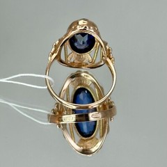 USSR Vintage Rose Gold Blue Sapphire (lab. made) Ring 583 14K 5.14 g. 6,5 US