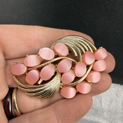 Vintage Thermoset Brooch Pink Moon Glow Gold Tone Spring Summer