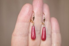 Genuine 14K Red Jade Elongated Medium Size Tear drop Lever back Earrings