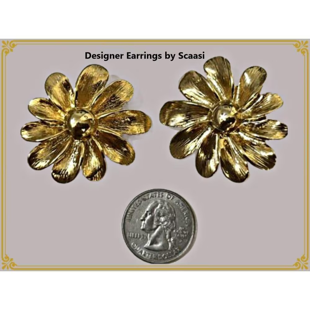 Huge Gold Tone Metal Flower Clip on Earrings by Designer Scaasi