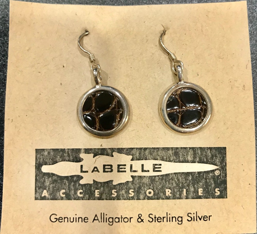 VINTAGE LABELLE Sterling Silver GENUINE ALLIGATOR Earrings BROWN Dangle
