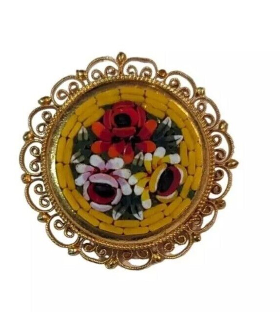VTG Italian Micro mosiac brooch pin ornate filagree round yellow & floral marked
