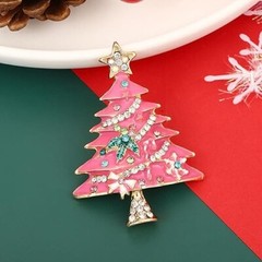 Pink Christmas Tree Rhinestone Brooch, Vintage Colored Christmas Tree 1Pcs Pink
