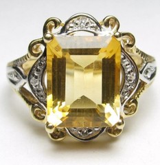 Vintage 10K Gold 3CT Emerald Cut Citrine Diamond Accent Estate Cocktail Ring