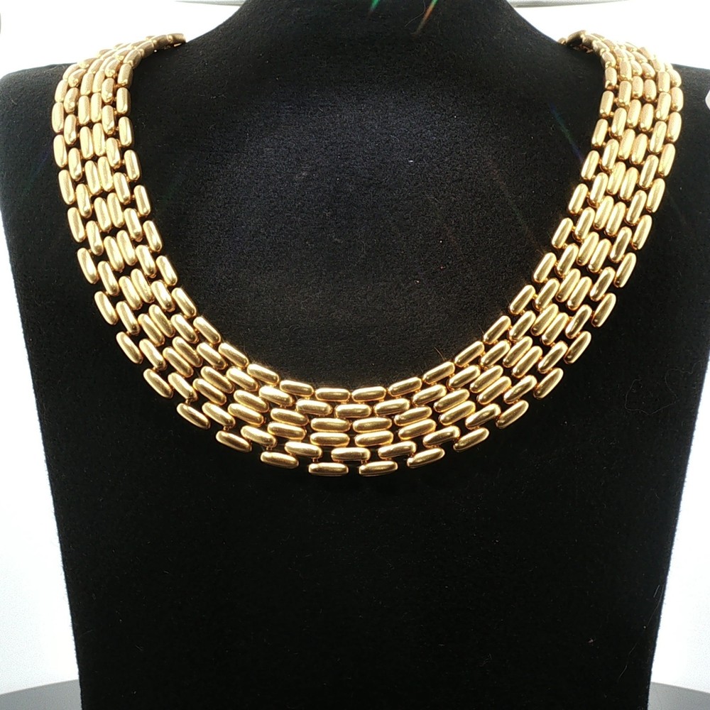Vintage 5‑Row Panther Link Choker Necklace Gold Tone Wide Brick Mesh 1960s–1980s