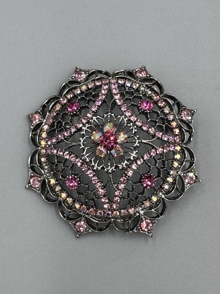 Vintage Pink Black Rhinestone Filigree Brooch Silver Tone Gothic Mandala READ