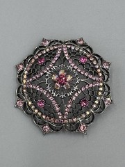 Vintage Pink Black Rhinestone Filigree Brooch Silver Tone Gothic Mandala READ