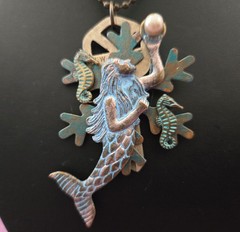 Steampunk Mermaid Key Necklace Long 32in Pendant Seahorses Pearl Bronze Sea Life