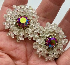 VINTAGE VENDOME CLIP ON EARRINGS WATERMELON RIVOLI CENTER CRYSTAL BEAD SURROUNDS