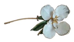 Vintage Estate Gold Plate White Orchid Flower Pin Brooch Enamel 3 3/4″×1 3/4″