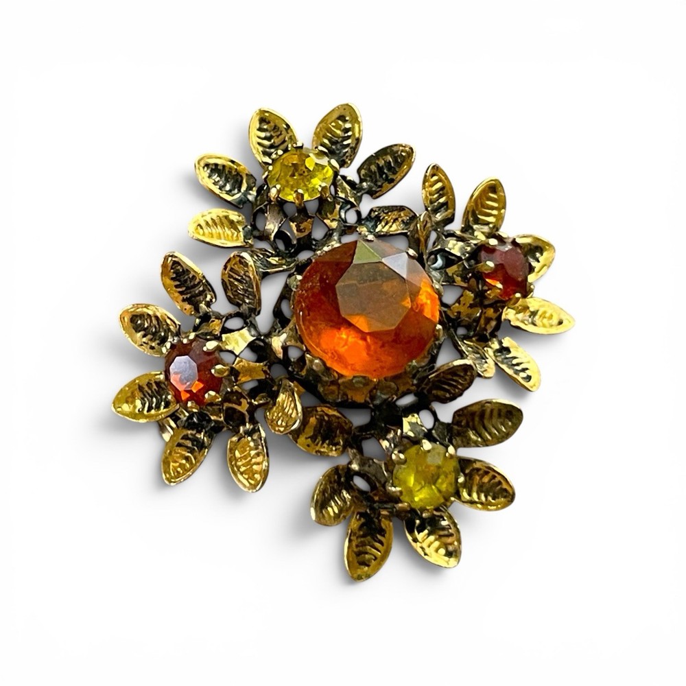 Vintage Austrian Rhinestone Brooch Autumn Orange Yellow Gold Tone Floral Pin