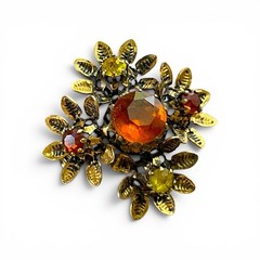 Vintage Austrian Rhinestone Brooch Autumn Orange Yellow Gold Tone Floral Pin