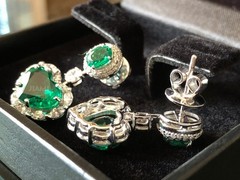 Heart Oval Simulated Emerald Simulated Diamond Halo Dangle Earrings 925 Silver