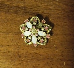 Vintage 1960s Pink Rhinestone Faux Pearl Flower Brooch Gold Tone Costume Jewelry