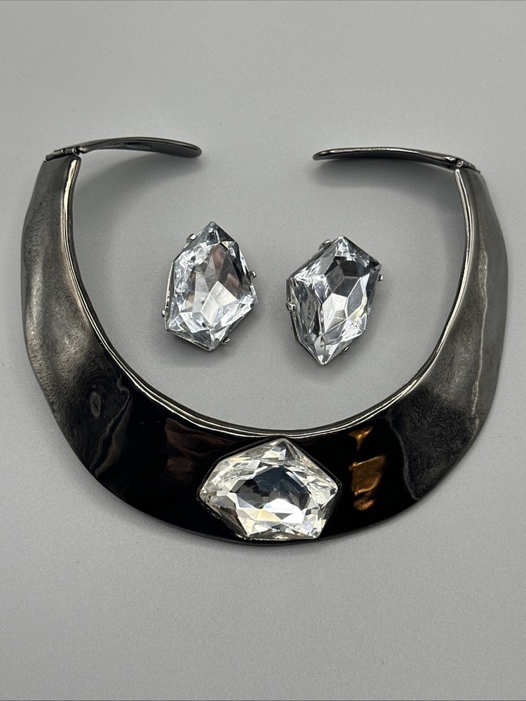 Vntg Kenneth Jane Lane crystal collar necklace With Earrings Clip On Rare#812