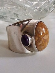 OBSIDIAN BRAND Fossil Coral & Amethyst Statement Ring Size 8 Sterling Silver