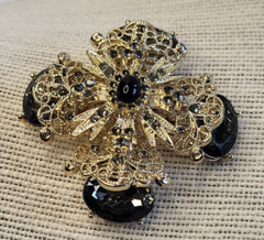 Filigree Gold Tone Smoky Gray Rhinestone Brooch Pin Intricate Detail Layered