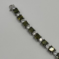 FAS 925 Sterling Silver Green Clear Stone Tennis Bracelet 7″ Heavy 21.3g