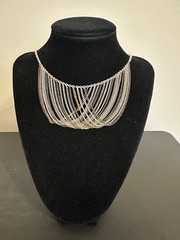 Vintage SAQ Signed Multi-Color Multi-Strand Fringe Bib Chain Necklace 17-20″.