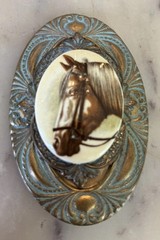 Painted Palomino Stallion Portrait Brooch Cameo Style Resin on Ornate Metal Base