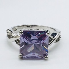 Silver Tone Purple Rhinestone Cocktail Ring Sz 9.75