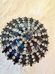 Weiss Large Round Domed Blue & Clear Rhinestones Statement Brooch Gorgeous