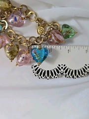Graziano Art Glass Hearts Charm Bracelet Pink Green Blue 8-9″ Gold Plated