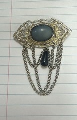 Vintage Filigree Brooch w/ Black Center Faux Stone & Chain Dangle